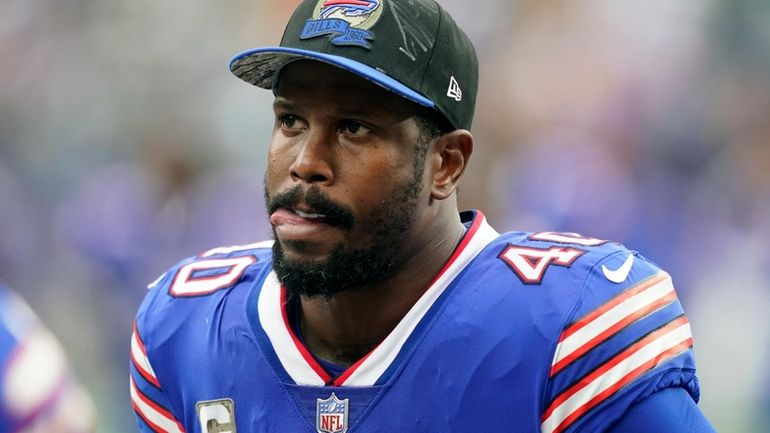 Buffalo Bills linebacker Von Miller reacts during the first half...