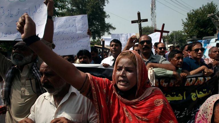 Pakistani Christians hold a demonstration condemning the recent attack on...