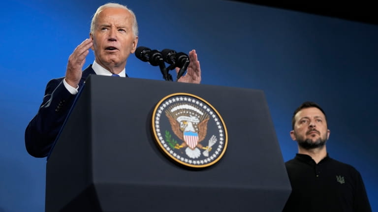 President Joe Biden, joined by President of Ukraine Volodymyr Zelenskyy,...