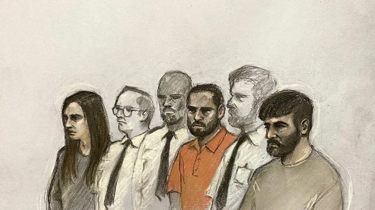 This court artist sketch by Elizabeth Cook of family members...