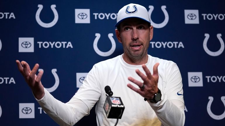 Indianapolis Colts head coach Shane Steichen speaks during a news...