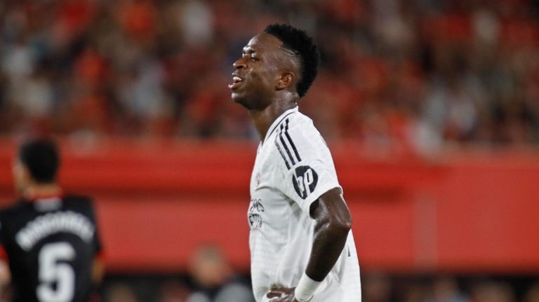 Real Madrid's Vinicius Junior reacts during a Spanish La Liga...