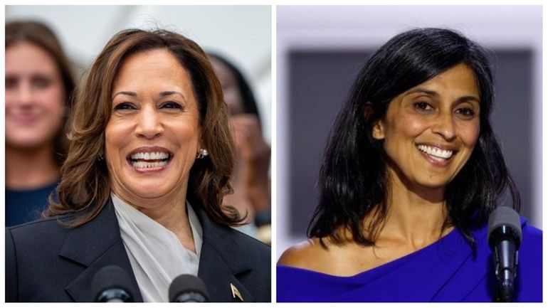 Vice President Kamala Harris, left, and Usha Chilukuri Vance, wife...