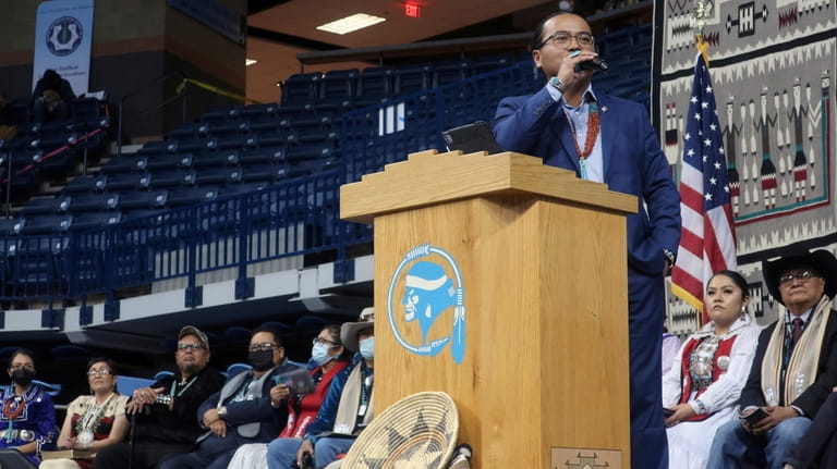 Navajo President Buu Nygren delivers his inaugural speech, Jan. 10,...