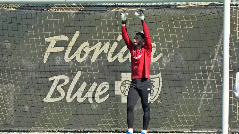 Inter Miami goalkeeper Drake Callender prepares to work out at...