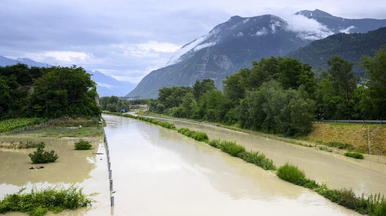 The Rhone River is overflowing the A9 motorway following the...