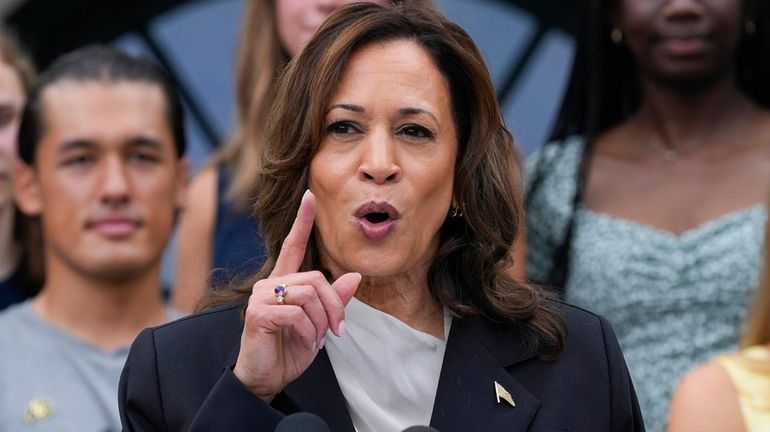 Vice President Kamala Harris speaks from the South Lawn of...