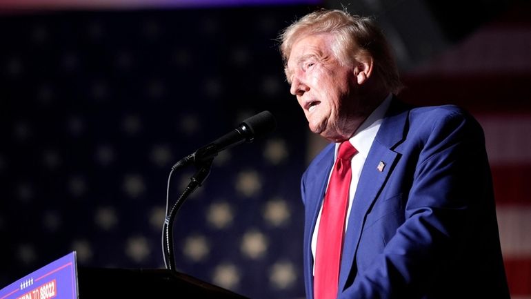 Republican presidential nominee former President Donald Trump speaks during a...