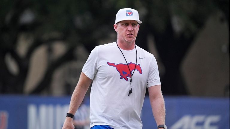 SMU head football Rhett Lashlee looks on during an NCAA...