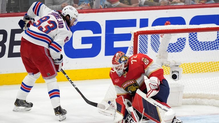 Rangers center Mika Zibanejad attempts a shot at Florida Panthers goaltender...