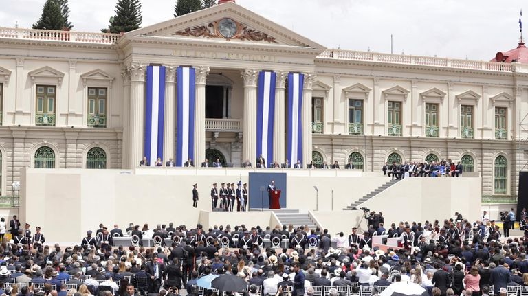 El Salvador's President Nayib Bukele delivers his inaugural address after...