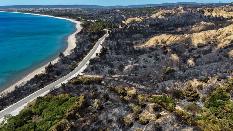 An aerial shot shows part of the extinguished wildfire area...