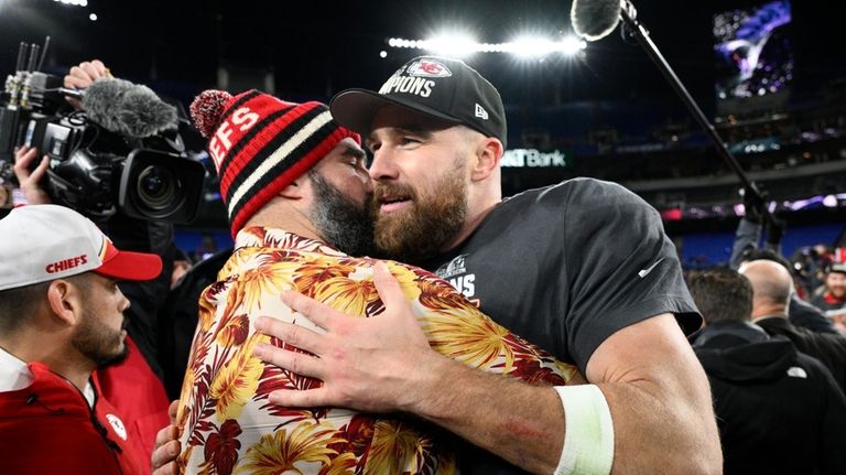 Jason Kelce embraces his brother Kansas City Chiefs tight end...