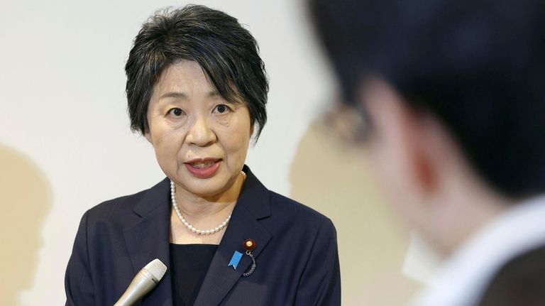 Japan's Foreign Minister Yoko Kamikawa speaks to journalists in Tokyo...