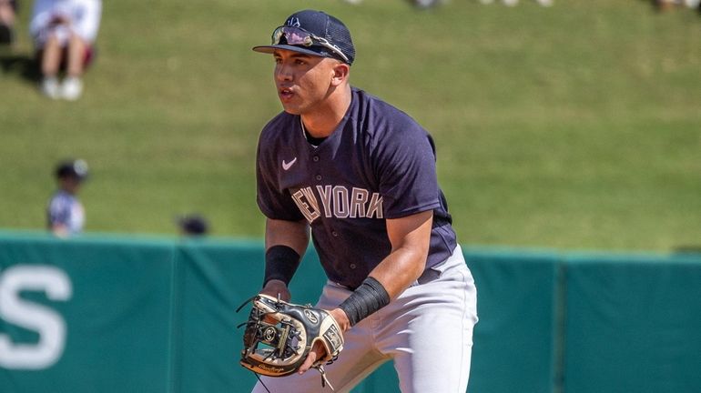 The Yankees’ Oswald Peraza at shortstop against the Rays during a spring...