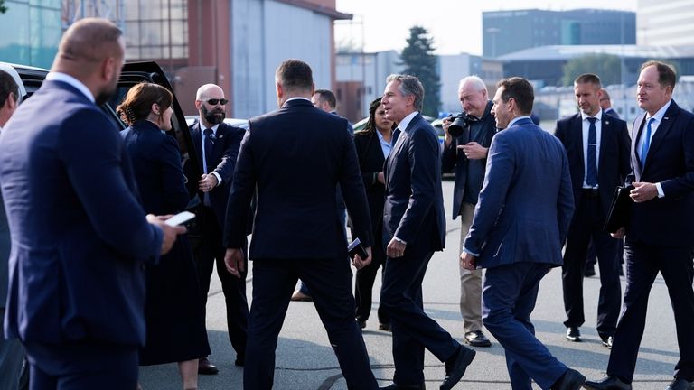 U.S. Secretary of State, Antony Blinken, center, arrives at Chopin...