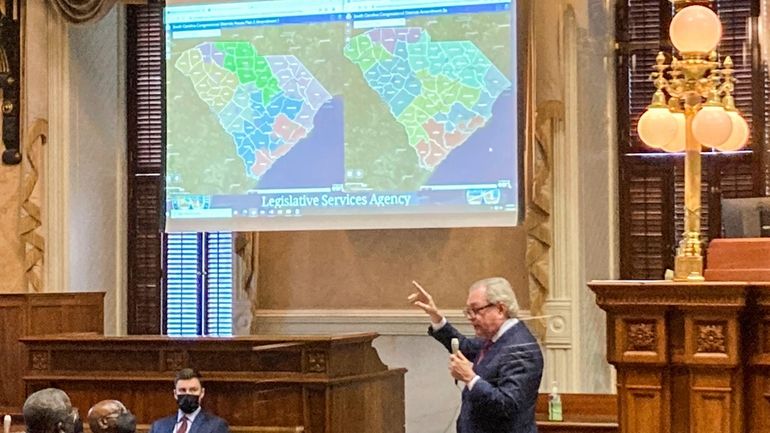 State Sen. Dick Harpootlian, D-Columbia, compares his proposed map of...