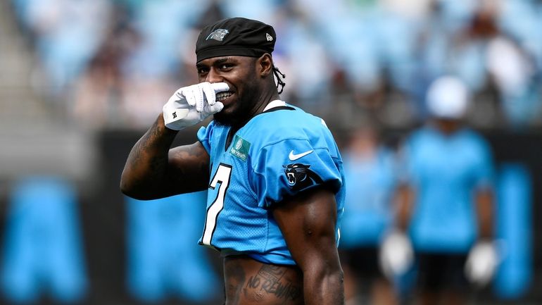 Carolina Panthers wide receiver Xavier Legette smiles during the NFL...