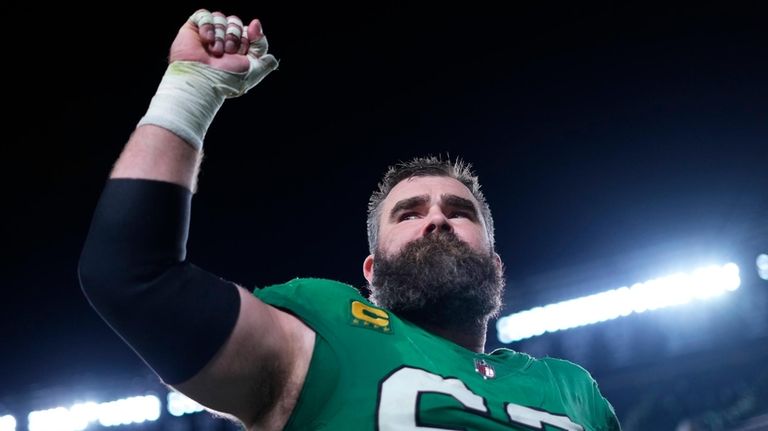 Philadelphia Eagles center Jason Kelce (62) gestures as he leaves...