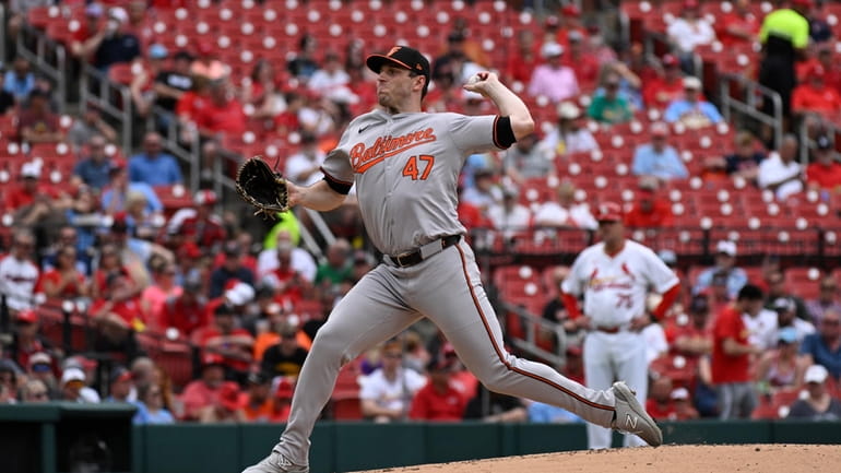 Baltimore Orioles starting pitcher John Means throws against the St....