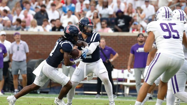 Mississippi quarterback Jaxson Dart ( 2) passes the ball during...