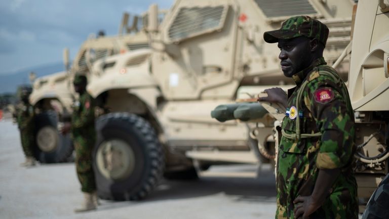 A Kenyan member of the Multinational Security Support (MSS) mission...