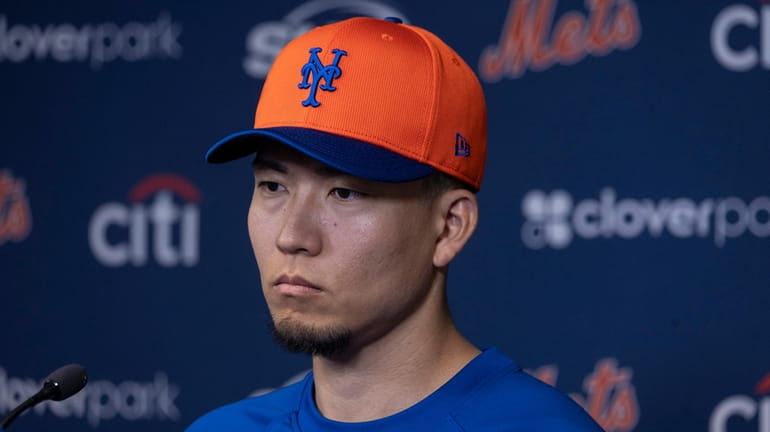 Mets pitcher Kodai Senga speaks during a press conference Thursday...