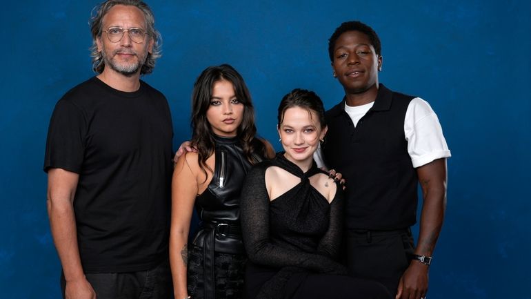 Fede Alvarez, from left, Isabela Merced, Cailee Spaeny, and David...