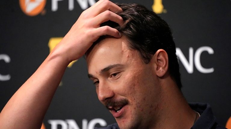 Pittsburgh Pirates' Paul Skenes meets with reporters before a baseball...