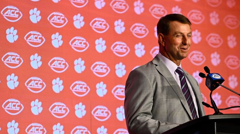 Clemson head coach Dabo Swinney speaks during the Atlantic Coast...