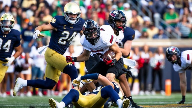 Notre Dame safety Adon Shuler (8) tries to break a...