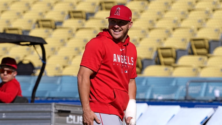 American League All-Star Mike Trout, of the Los Angels Angels, (C