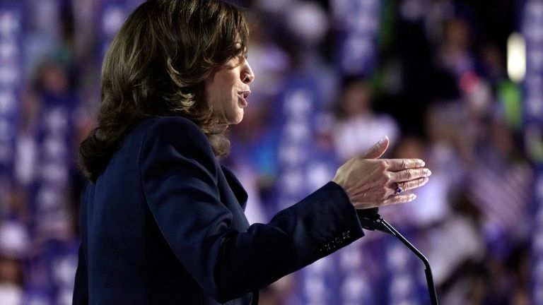 Democratic presidential nominee Vice President Kamala Harris speaks on the...