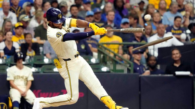 Milwaukee Brewers' Jackson Chourio hits a double during the fourth...