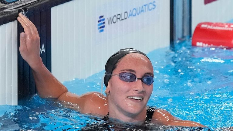 Simona Quadarella of Italy reacts after competing in the women's...