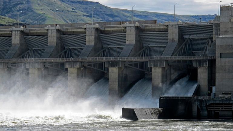 Water moves through a spillway of the Lower Granite Dam...