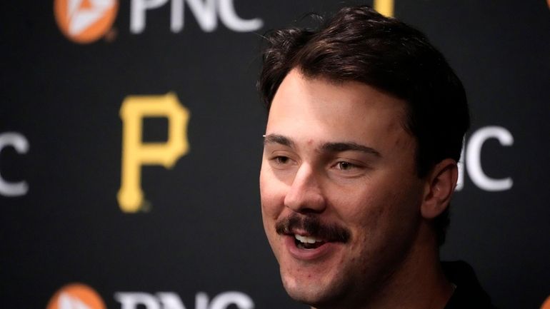 Pittsburgh Pirates' Paul Skenes meets with reporters before a baseball...