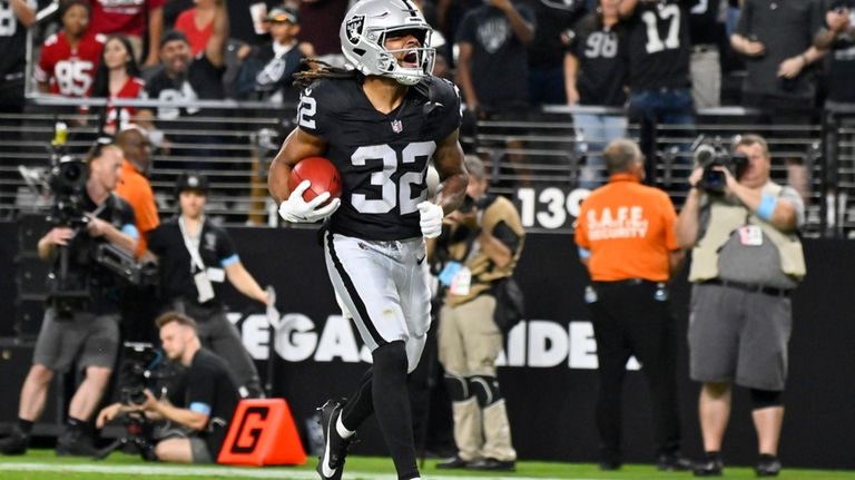 Las Vegas Raiders wide receiver Tyreik McAllister (32) celebrates after...