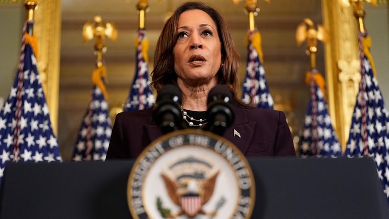 Vice President Kamala Harris speaks following a meeting with Israeli...