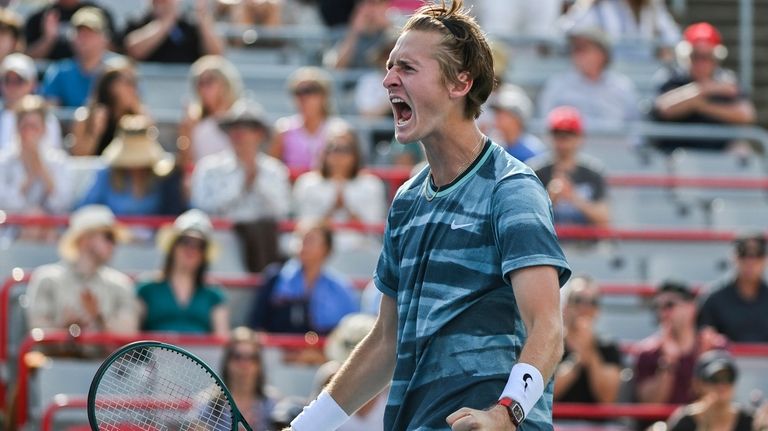 Sebastian Korda of the United States reacts after defeating Alexander...