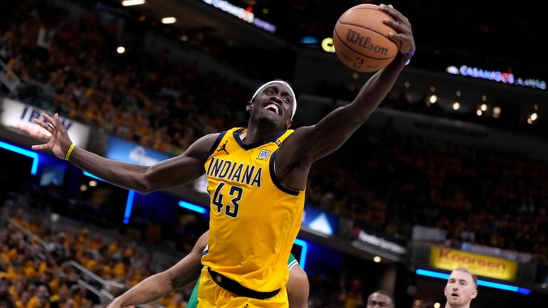 Indiana Pacers forward Pascal Siakam (43) grabs a rebound during...