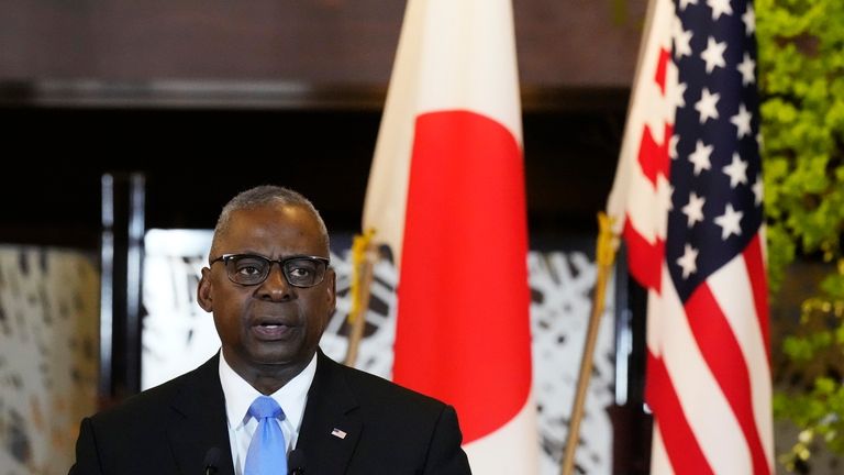 U.S. Defense Secretary Lloyd Austin speaks during a joint news...