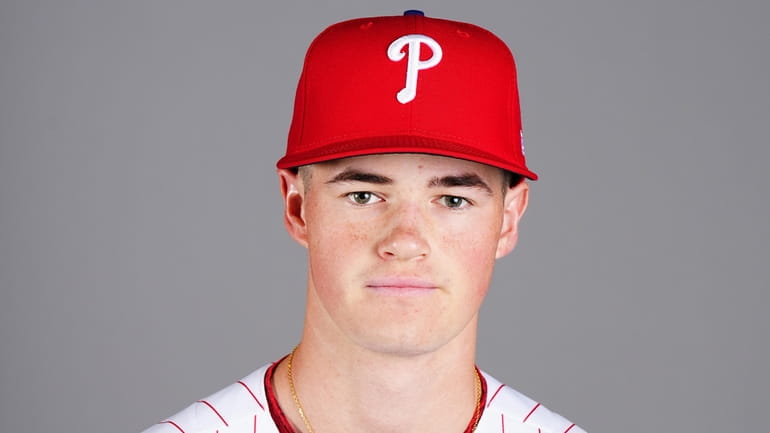 Corey Phelan at Phillies prospect camp photo day in 2022.
