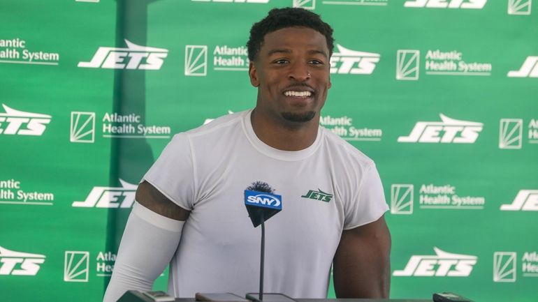 Jets cornerback D.J. Reed  talks to the media during training camp...