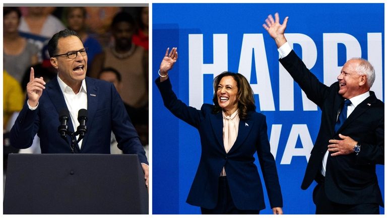 Pennsylvania Gov. Josh Shapiro, left, and Vice President Kamala Harris and...