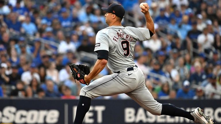 Detroit Tigers starting pitcher Jack Flaherty throws to a Toronto...