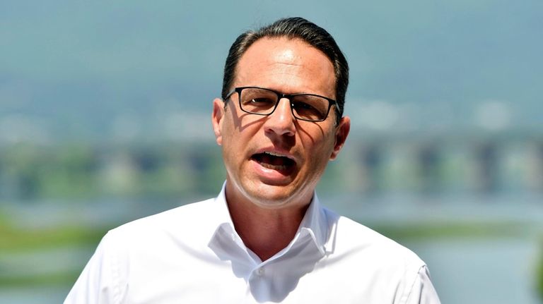 Pennsylvania Gov. Josh Shapiro speaks during a news conference overlooking...