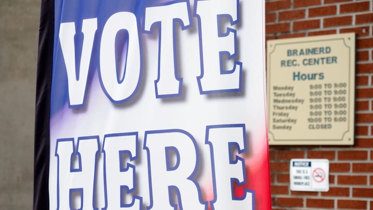 A "vote here" sign is seen at the Brainerd Youth...