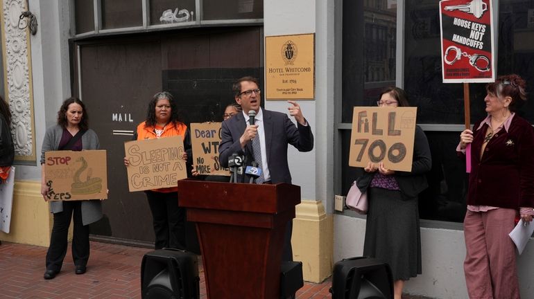 San Francisco Supervisor Dean Preston speaks at a news conference...