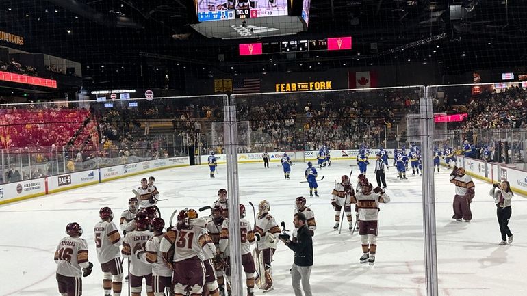 Arizona State players celebrate after beating Alaska Anchorage in an...